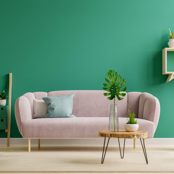 Ein grün gestrichener Raum mit einem rosa Sofa und vielen Pflanzen. #daskannkunststoff #🌱